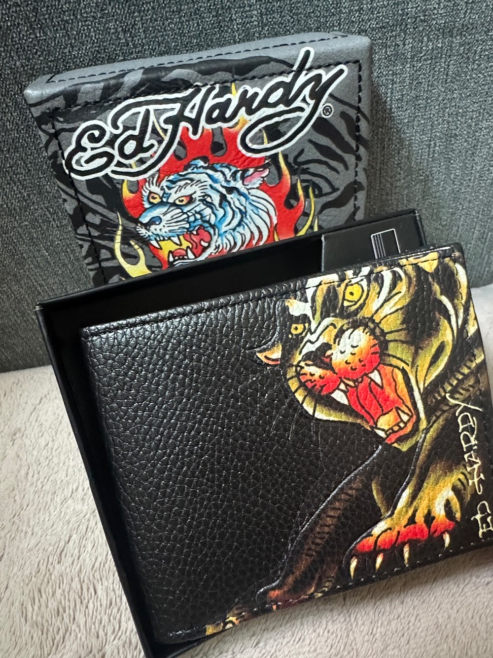 Ed Hardy Black Wallet with Yellow and Red Tiger Graphic
